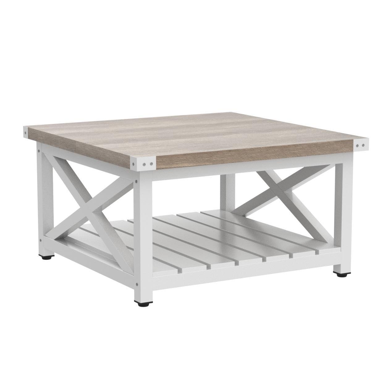 DEXTRUS Farmhouse Square Wood Coffee Table with Open Storage Shelf