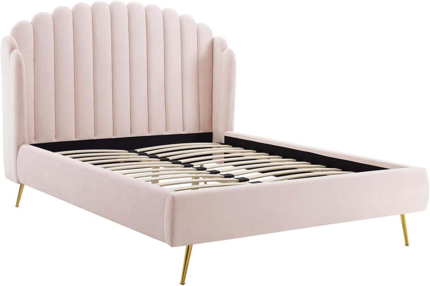 Elegant 70'' Pink Velvet Queen Wingback Platform Bed with Gold Legs