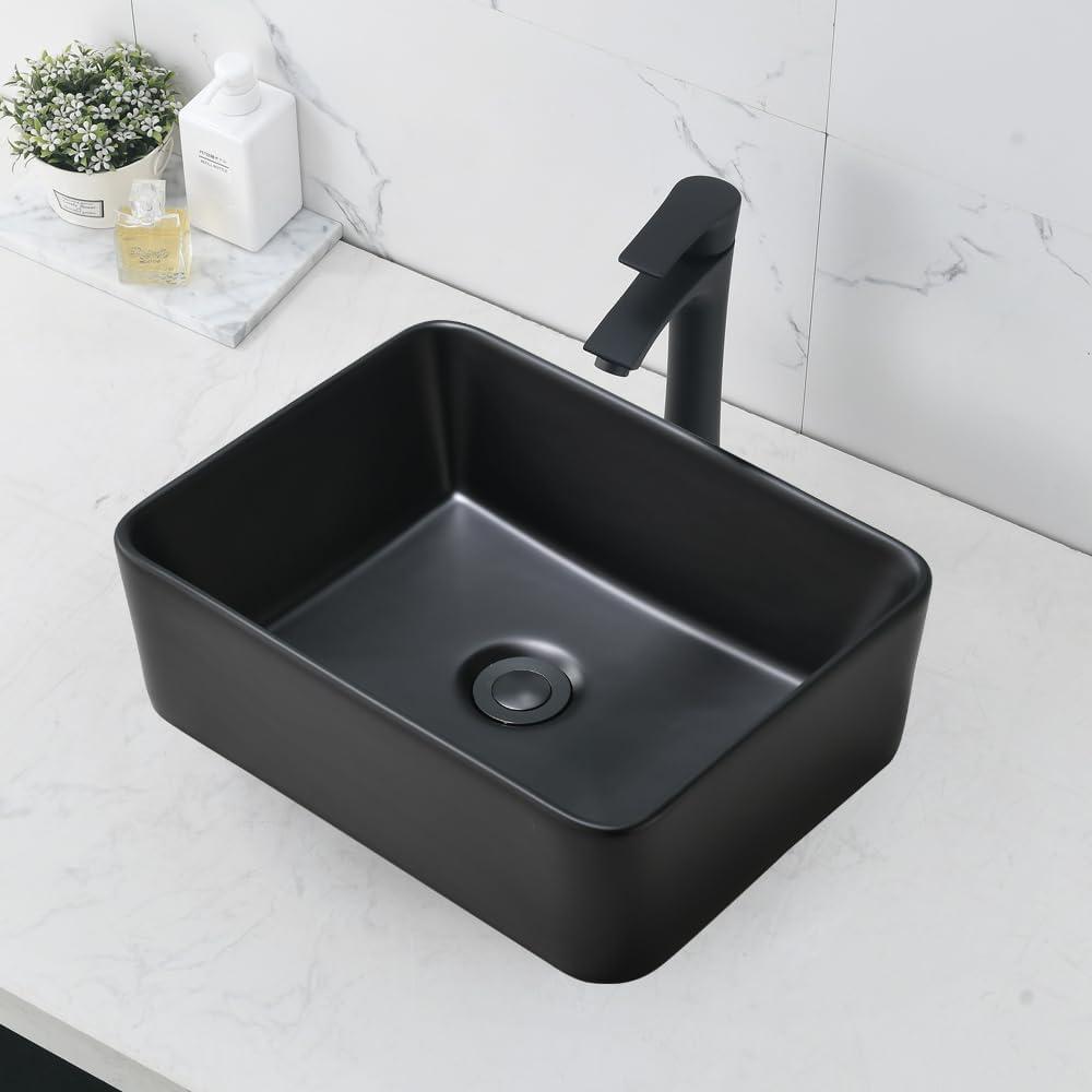 Matte Black Ceramic Rectangular Vessel Sink with Faucet Combo