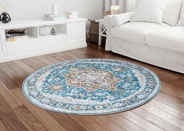 Soft Woven Machine Washable Area Rug, 90% Cotton, Non-Slip, Blue 5' Round