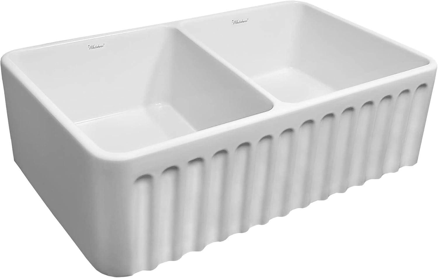 Whitehaus Collection 33" Reversible Double Bowl Fireclay Kitchen Sink: Panel & Fluted Front Apron