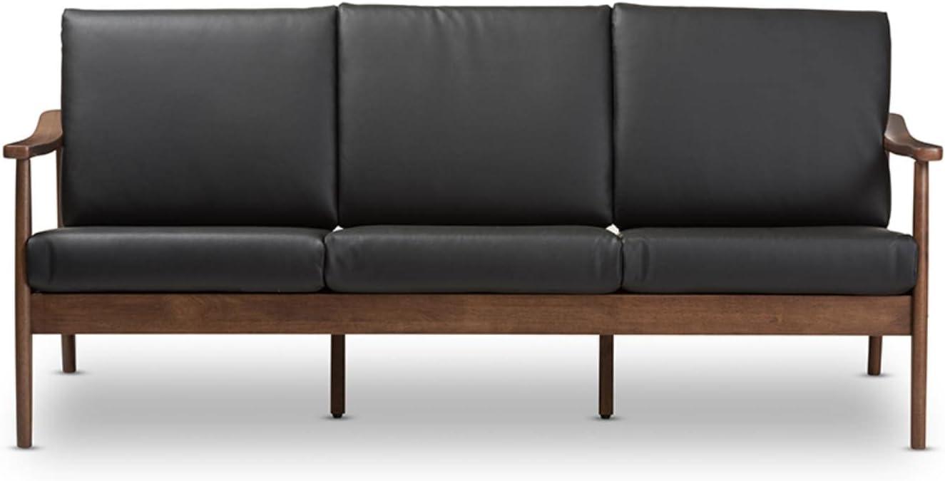 Venza Mid-Modern Walnut Wood Faux Leather 3 Seater Sofa Black - Baxton Studio: Rubberwood Frame, Tufted Back, 700lb Capacity