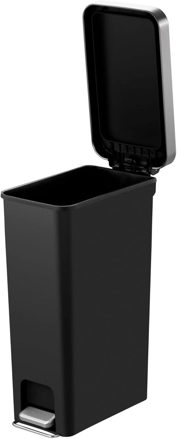 10.5 Gallon Black Plastic Slim Step-On Trash Can with Stainless Steel Accents