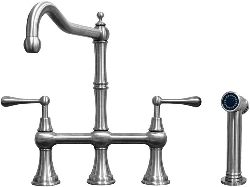 Whitehaus Collection Lead-Free Solid Stainless Steel Bridge Faucet with a Long Traditional Spout, Lever Handles and Side Spray
