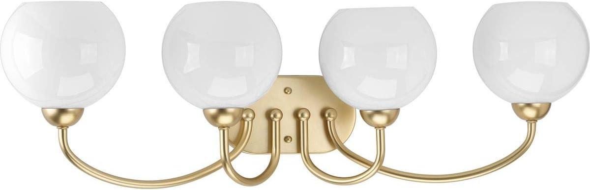 Progress Lighting Carisa 4-Light Bath Wall Light, Vintage Gold, White Glass Globes