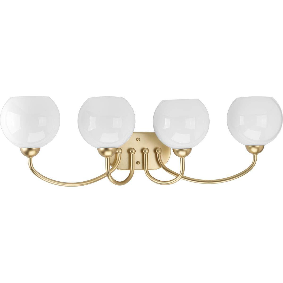 Progress Lighting Carisa 4-Light Bath Wall Light, Vintage Gold, White Glass Globes