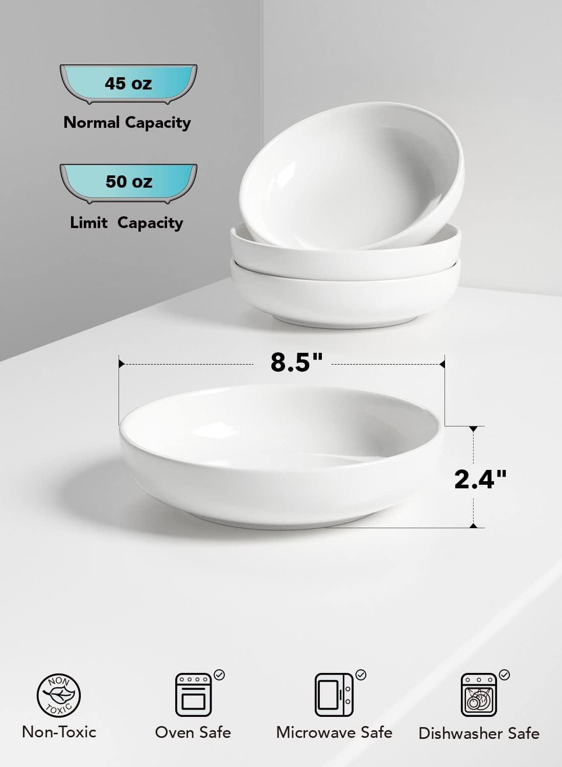 White Ceramic 8.5-Inch Microwave Safe Pasta Bowls Set