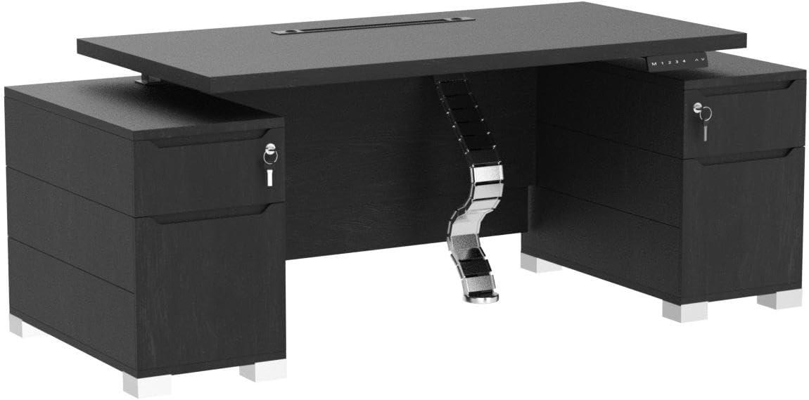 Black Oak Adjustable Height Desk with Filing Cabinets