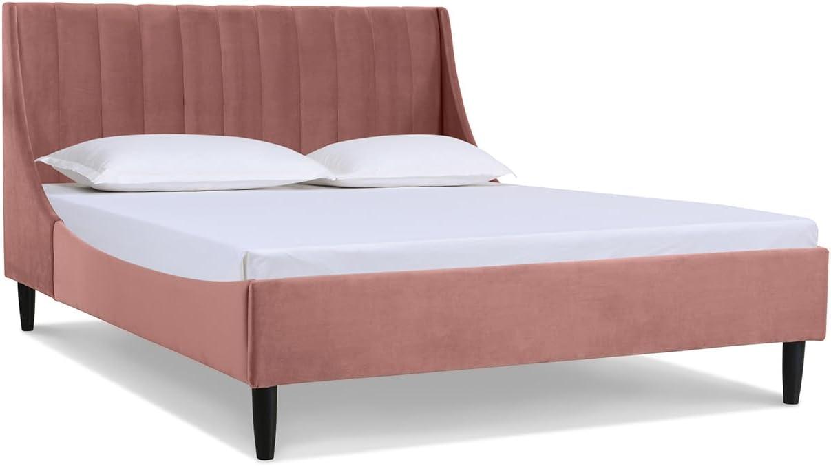 Ash Rose Velvet Upholstered Queen Bed with Vertical Tufting