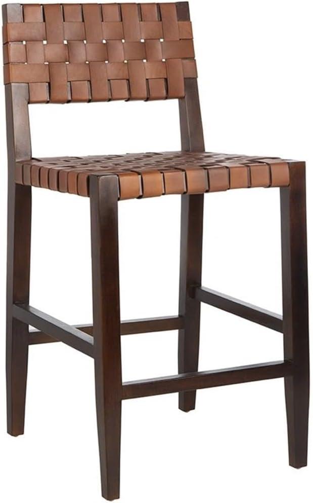 Paxton Woven Leather Counter Stool - Cognac/Walnut Finish - Safavieh