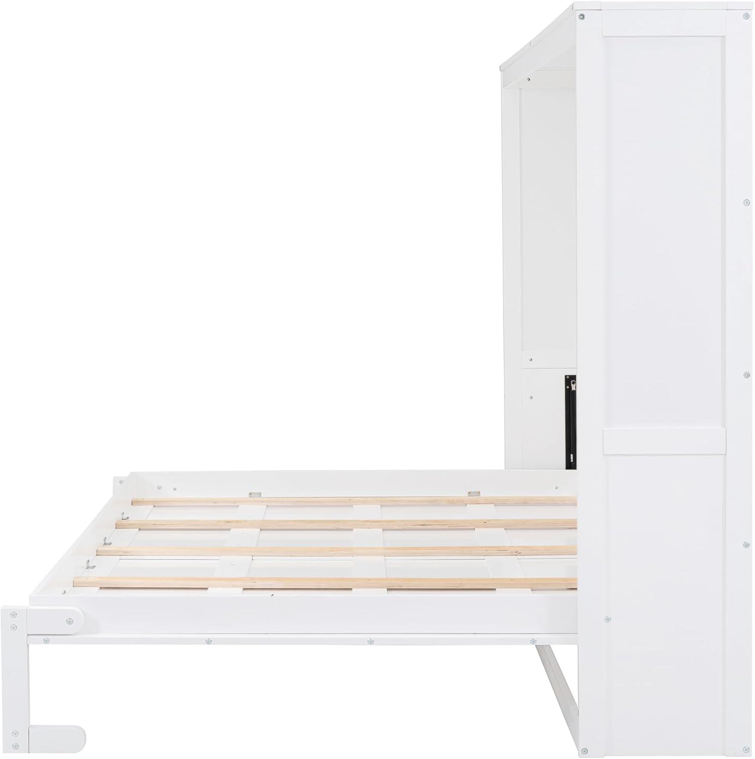 Queen Size Murphy Bed Chest, Wood Platform Bedframe with Dual Piston Metal Folding Mechanism Designed for Home Office Small Room, Saving Space & No Box Spring Needed, White