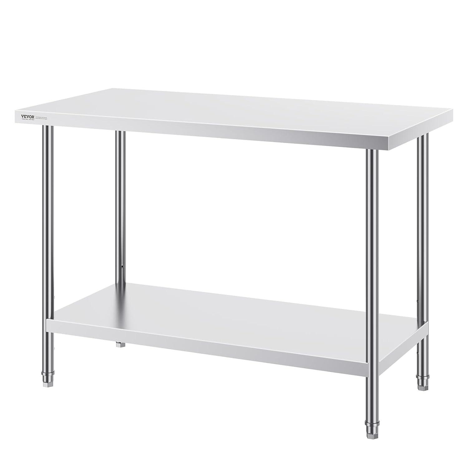 VEVOR Stainless Steel Prep Table, 48 x 24 x 34 Inch, 550lbs Load Capacity Heavy Duty Metal Worktable with Adjustable Undershelf, Commercial Workstation for Kitchen Restaurant Garage Backyard