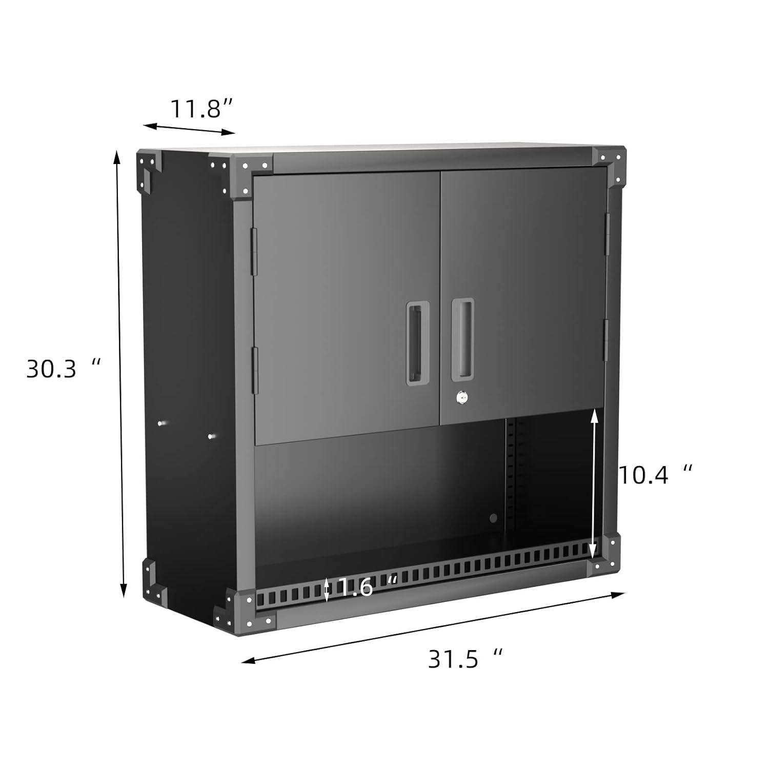 AOBABO Metal Garage Wall Mounted Storage Cabinet with Locking Door, Shelf, and Opened Drawer for Warehouse and Office Organization, Black