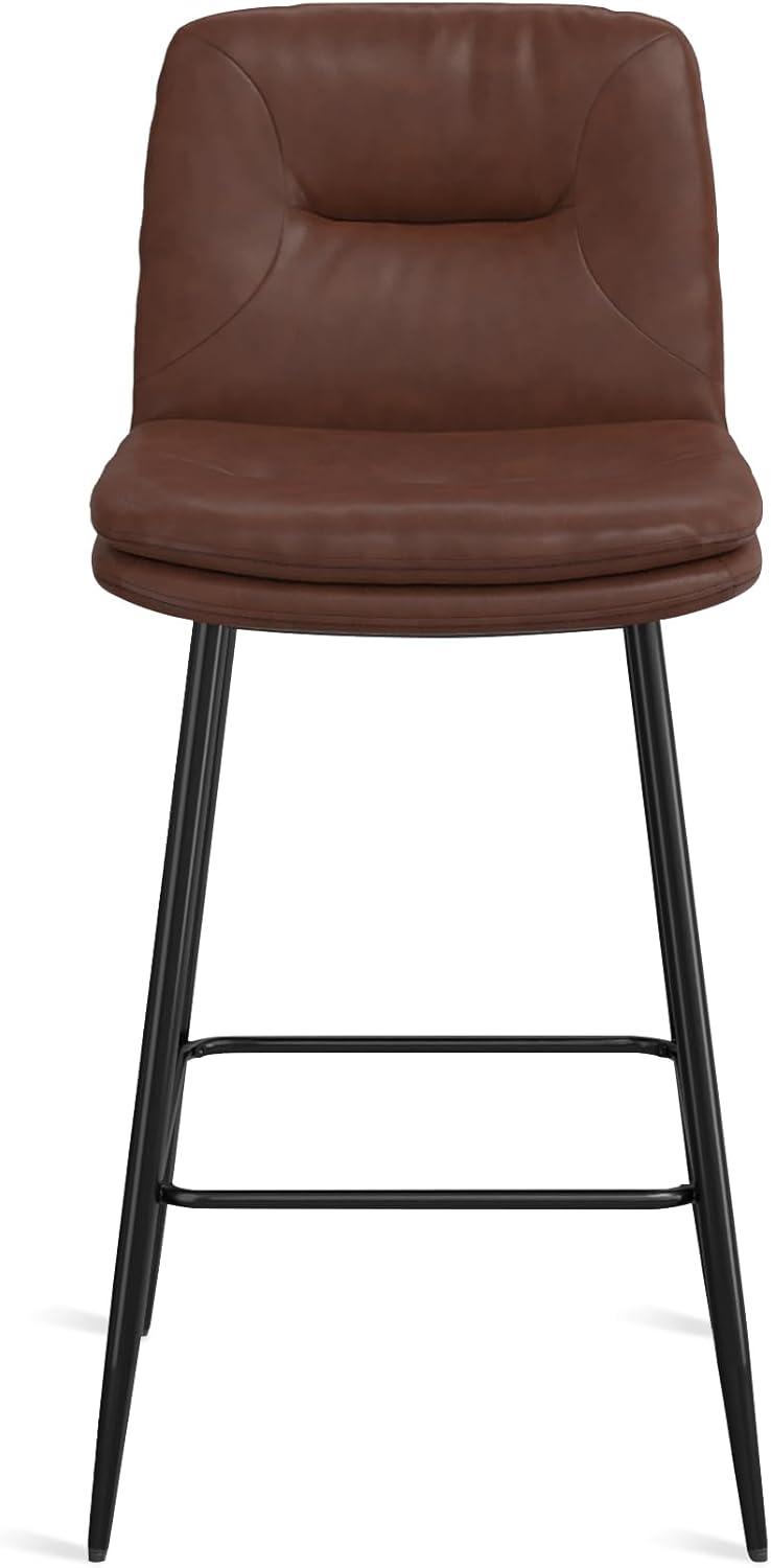 26 Inch Dark Brown Faux Leather Counter Height Bar Stools with Metal Frame, Set of 3