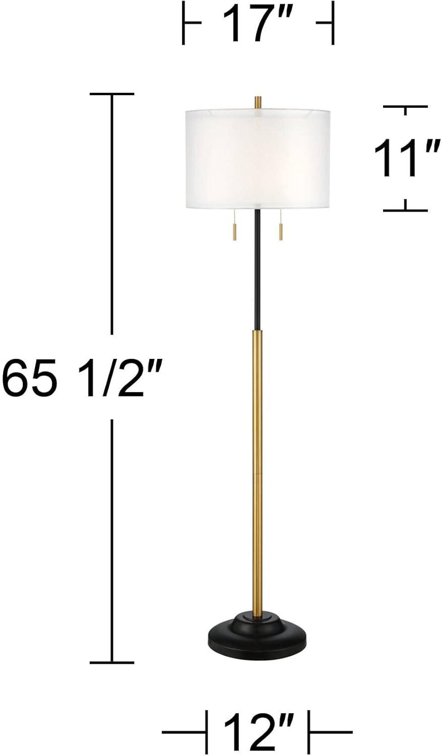 Possini Euro Design Roxie Modern Floor Lamp Standing 65 1/2" Tall Brass Black Metal Sheer Linen Double Drum Shade for Living Room Bedroom Office House