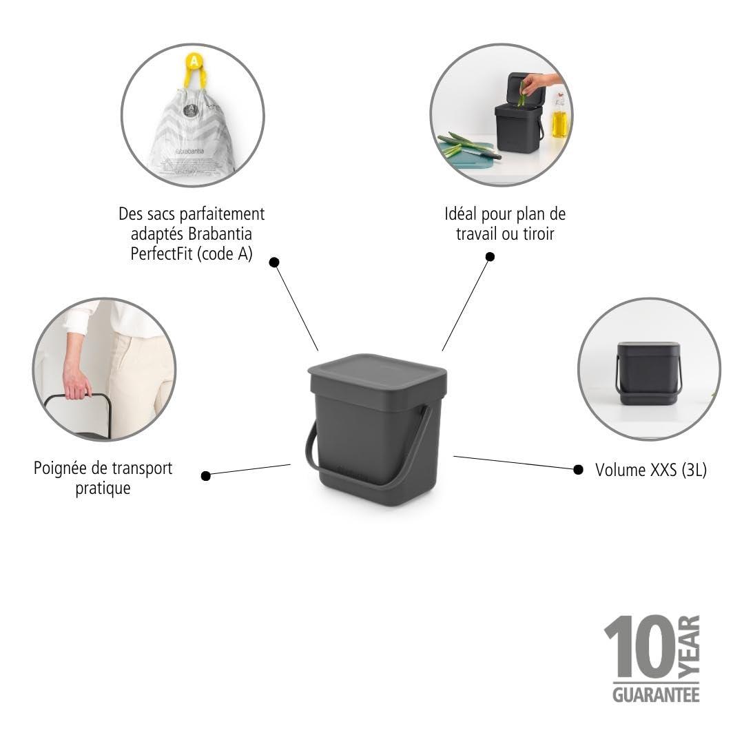 Brabantia Sort & Go 0.8 Gallon Plastic Odor Resistant Indoor Kitchen Composter