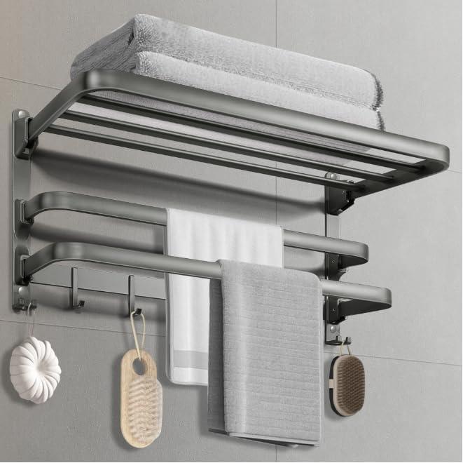 VOLDRA Towel Racks for Bathroom, 24-Inch Towel Shelf with Towel Bar Foldable Towel Holder with 7 Hooks Towel Storage Organizer for Bathroom & Lavatory Wall Mounted(Matte Black)