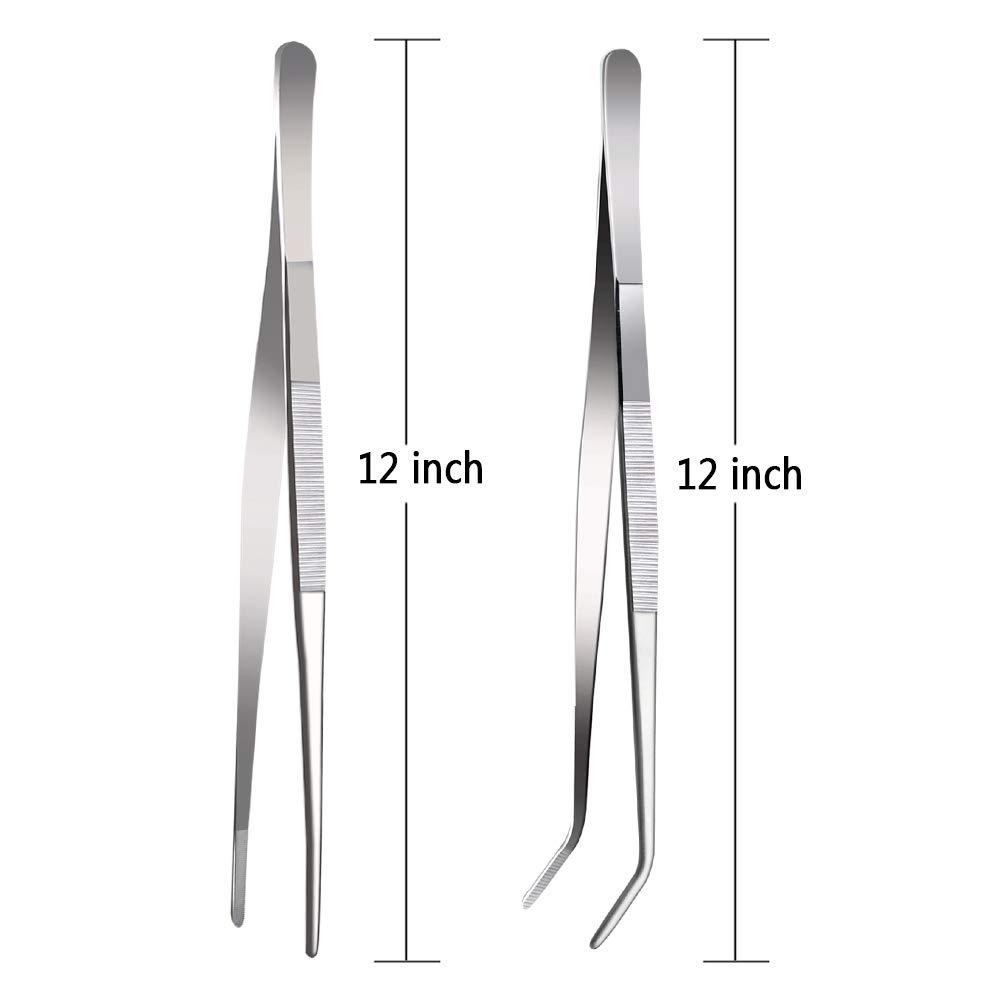 Bentne 12Inch Fine Tweezer Tongs 2pcs Extra Long Stainless Steel Tweezers Tongs for Outdoor BBQ Daily Cooking