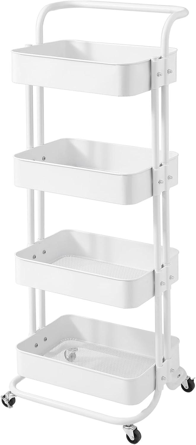 White 4-Tier Metal Rolling Utility Cart with Lockable Wheels