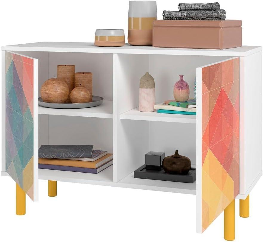 Retro Multicolor Geometric Pattern Office Cabinet with Yellow Legs