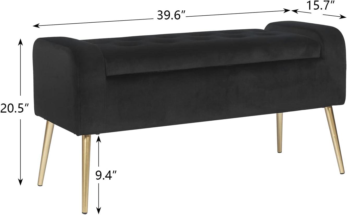 Large Black Velvet Tufted Ottoman with Gold Metal Legs