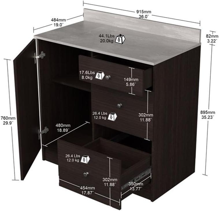 Inval Ambrossia 3-Drawer Breakroom Base Cabinet (36" x 38" x 20"), Espresso/Stone