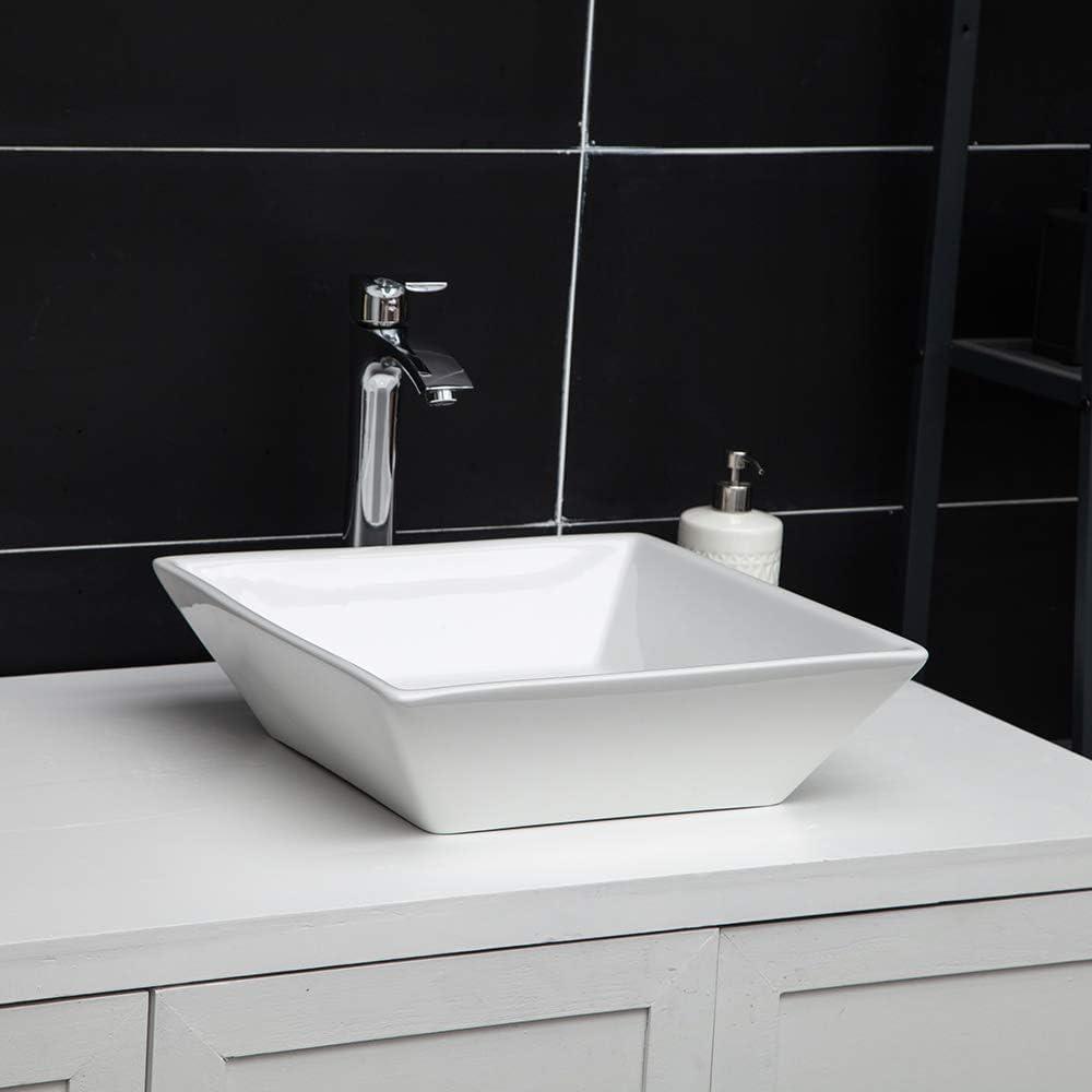 Sinber 16" x 16" x 4.92" White Square Ceramic Countertop Bathroom Vanity Vessel Sink BVS1616A-OK