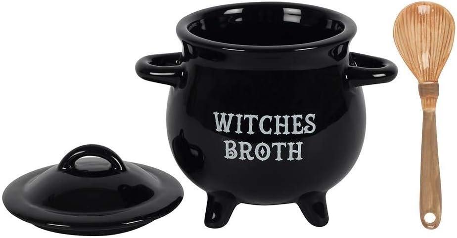 Pacific Giftware Witches Broth Cauldron Ceramic Bowl with Broom Spoon