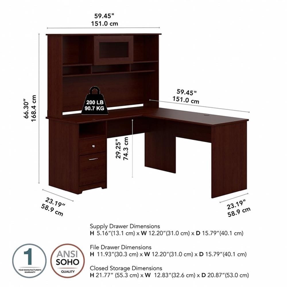 Cabot Modern 60W L Desk with Hutch, includes File Drawer and Storage Shelves in Harvest Cherry