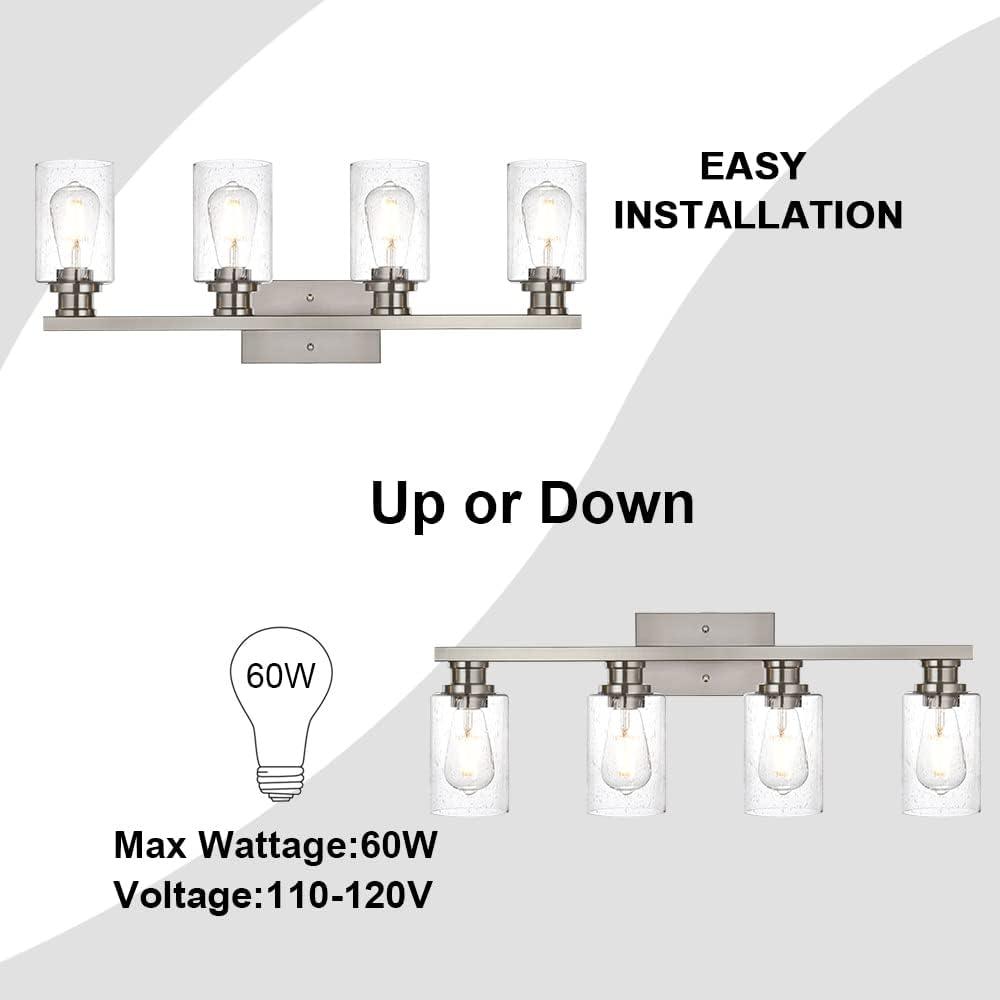 Melucee Brushed Nickel Industrial Bathroom Vanity Light Fixtures Over Mirror Seeded Glass 4 Lights Vintage Vanity Lights Farmhouse Bath Lighting