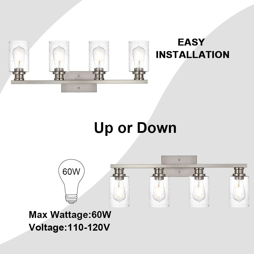 Melucee Brushed Nickel Industrial Bathroom Vanity Light Fixtures Over Mirror Seeded Glass 4 Lights Vintage Vanity Lights Farmhouse Bath Lighting