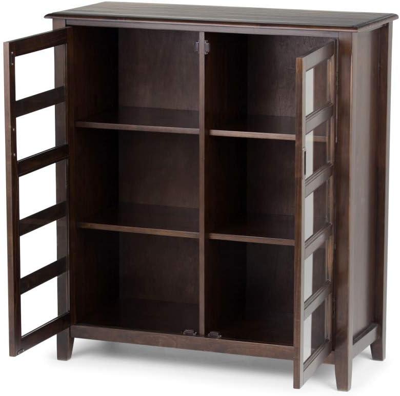 Simpli Home Burlington 40"W Solid Wood 4-Shelf Medium Storage Cabinet with Tempered Glass Doors and Adjustable Shelves