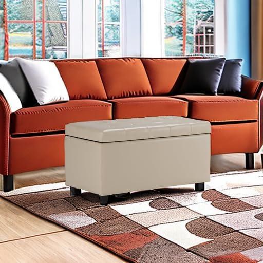 Simpli Home Cosmopolitan Storage Ottoman In Satin Cream Vegan Faux Leather