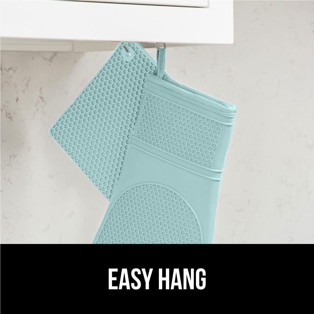 GORILLA GRIP Heat and Slip Resistant Silicone Oven Mitts and Trivet Set, Waterproof, Set of 4, Mint