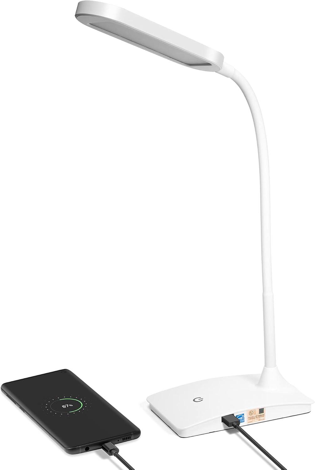 White Adjustable LED Desk Lamp with USB Port and Touch Dimmer