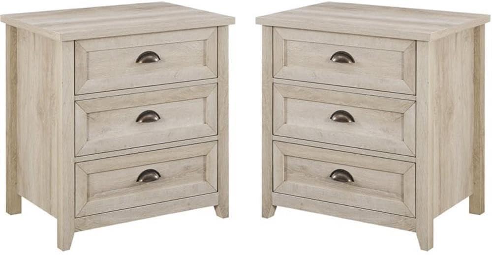 Walker Edison Farmhouse 3 Drawer Nightstand, Set of 2, White Oak