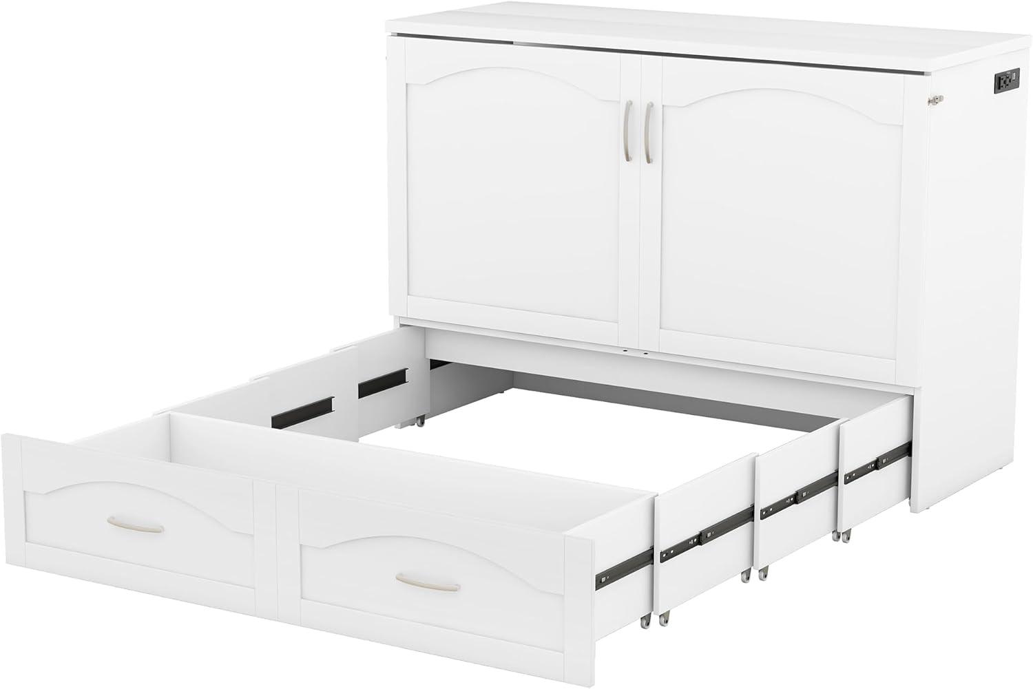 Harper & Bright Designs Full Size Murphy Bed Wall Bed with Storage Drawers, Wood Murphy Bed Chest with Sockets & USB Ports, Pulley Structure Design, White