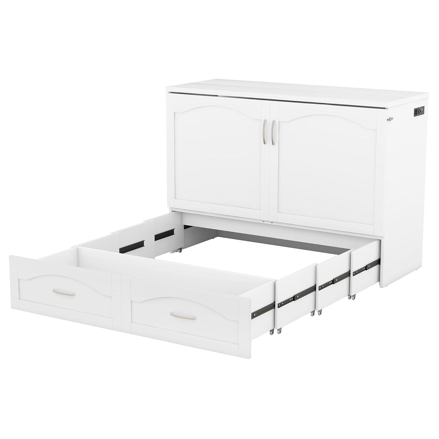 Harper & Bright Designs Full Size Murphy Bed Wall Bed with Storage Drawers, Wood Murphy Bed Chest with Sockets & USB Ports, Pulley Structure Design, White