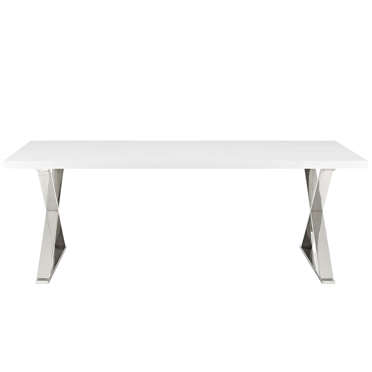 Modway Sector 87" Wood & Stainless Steel Cross Base Dining Table in White/Gold