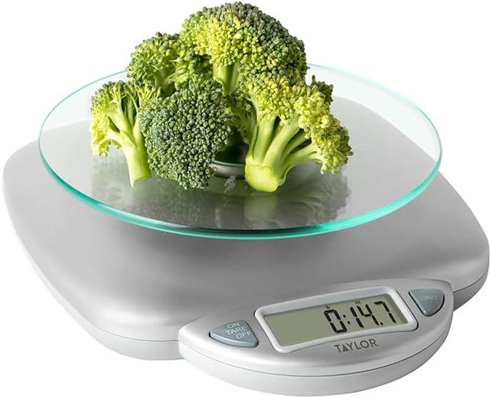 Taylor 11lb Glass Platform Digital Food Scale: Kitchen Scale with LCD Display, Silver, Battery Included