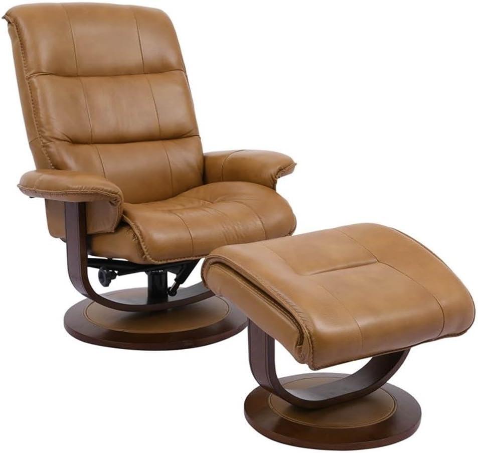 Butterscotch Leather Swivel Recliner with Ottoman and Wood Base