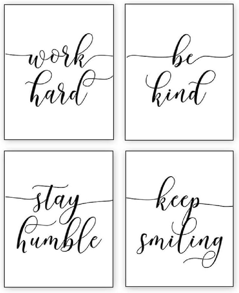 Work Hard. Be Kind. Stay Humble. Keep Smiling. Black and White Minimalist Motivational Wall Art. 4 Set (8 x 10). Unframed.