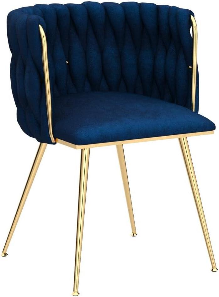 Velvet Dining Chairs Set of 2,Accent Chair with Hand Woven Hollow Backrest and Padded Seat Cushion, Side Chairs with Gold Metal Legs, for Dining Room, Living Room,Kitchen, Vanity Room