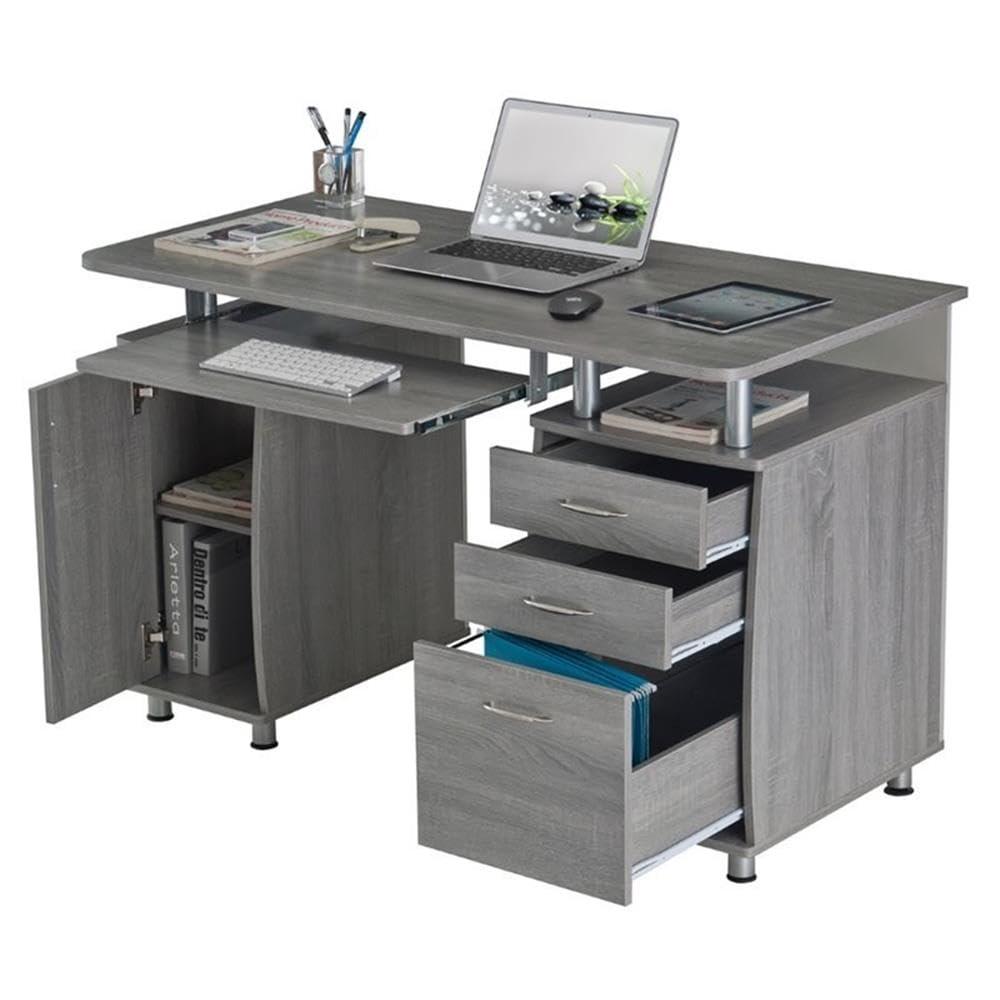 Gray MDF Wood Computer Desk with Storage and Filing Cabinet