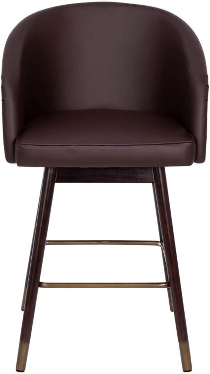 Walnut Finish Mid-Back Barstool with Brown LeatherSoft and Bronze Accents