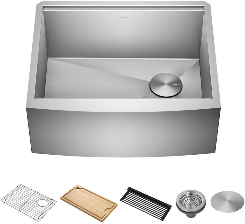 KRAUS Kore™ 24" L Farmhouse Apron Front Workstation 16 Gauge Stainless Steel Single Bowl Kitchen Sink with Accessories