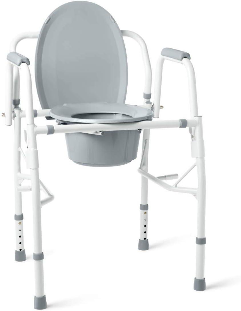 White and Gray Steel Drop-Arm Commode