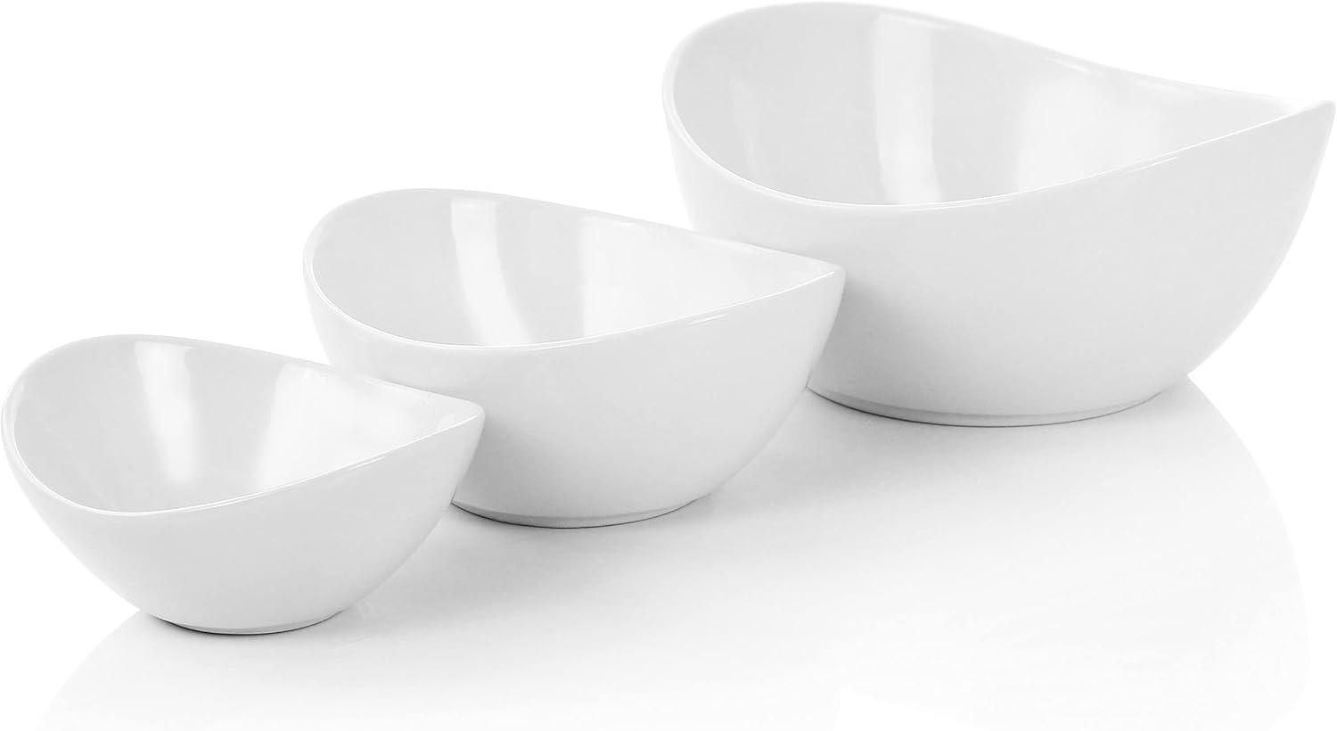 White Ceramic 3-Tier Oval Serving Bowl Set with Metal Stand