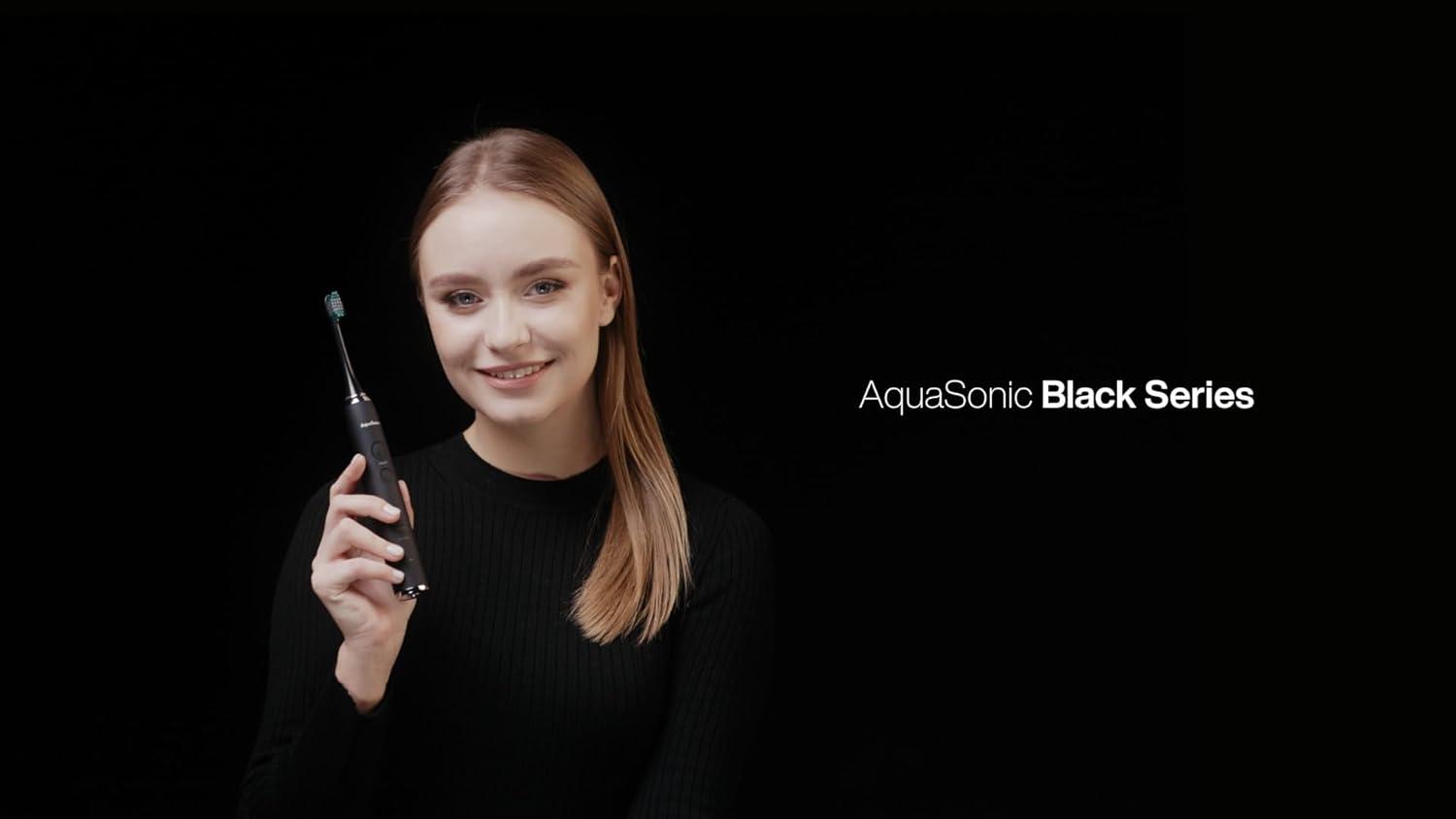 AquaSonic Black Series Electric Toothbrush - Rechargeable, 4 Modes, Travel Case, 8 Brush Heads