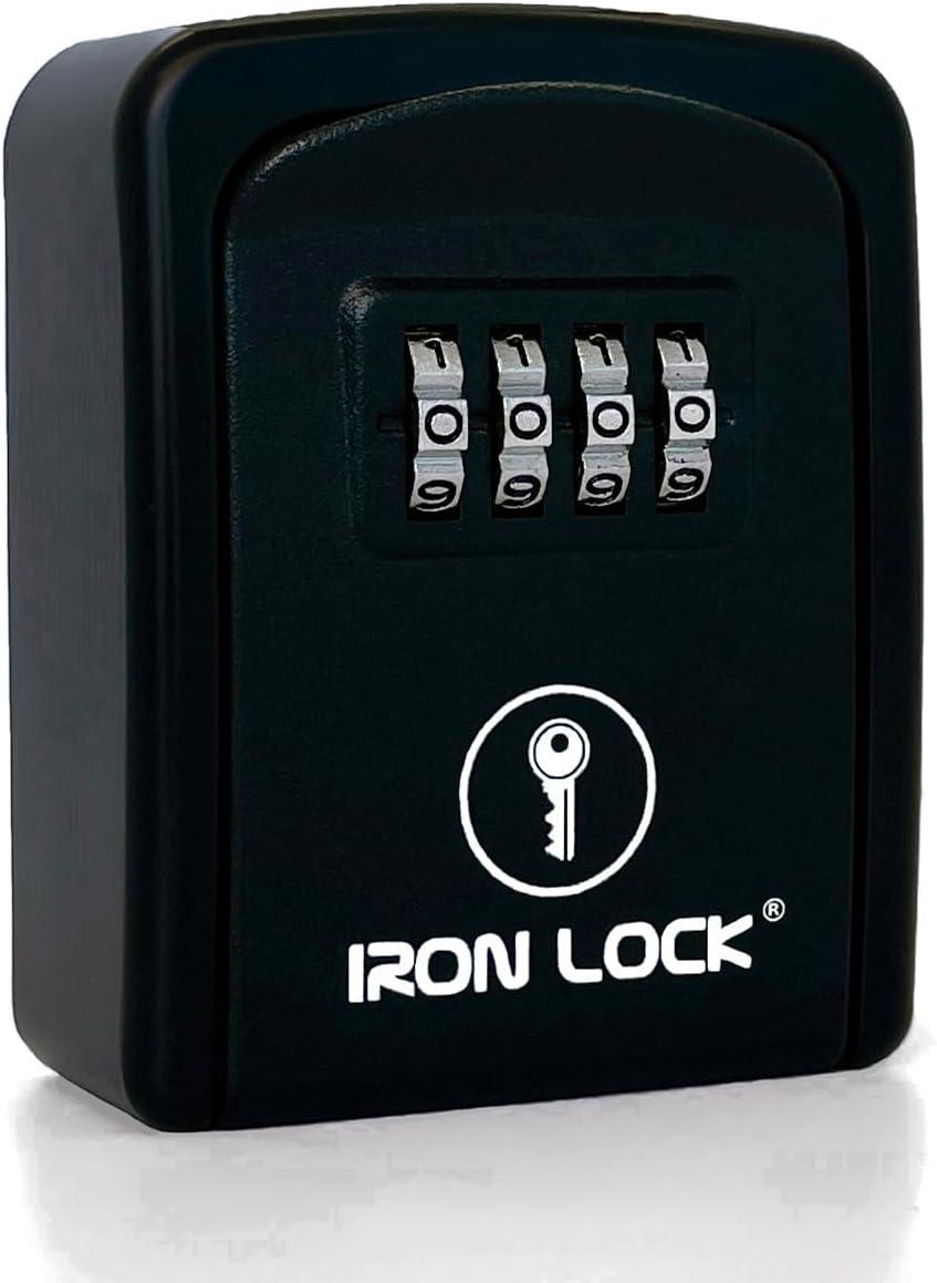 Iron Lock - Small Wall Mount Key Lock Box with 4-Digit Combo Resettable Code, Waterproof Lockbox